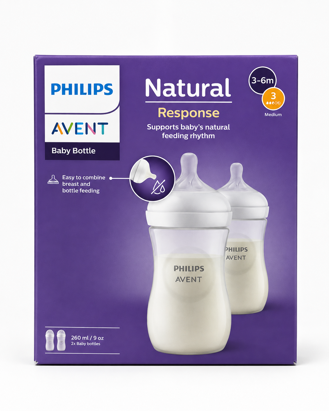 Philips Avent Natural Response Baby Bottle – 260ml/9oz (Pack of 2) | 3–6 Months
