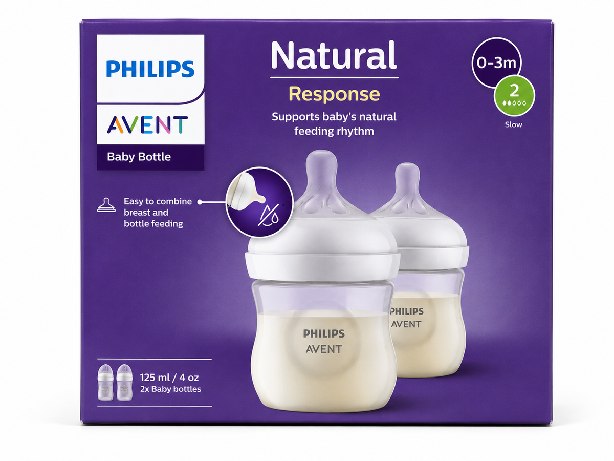 Philips Avent Natural Response Baby Bottle – 125ml / 4oz | 2 Pack | 0–3 Months | Flow 2 Slow